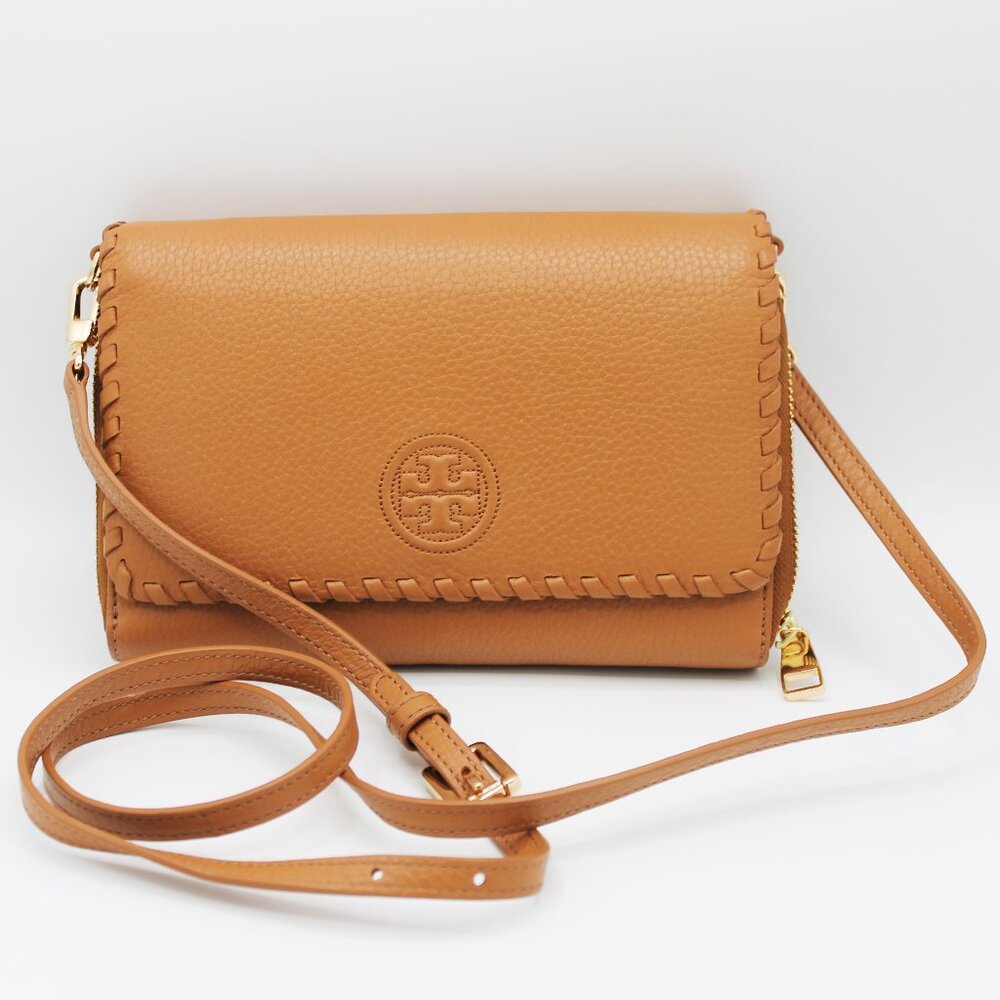 TORY BURCH Marion Brown/Tan Leather Whipstitch Convertible Crossbody Wallet NWOT